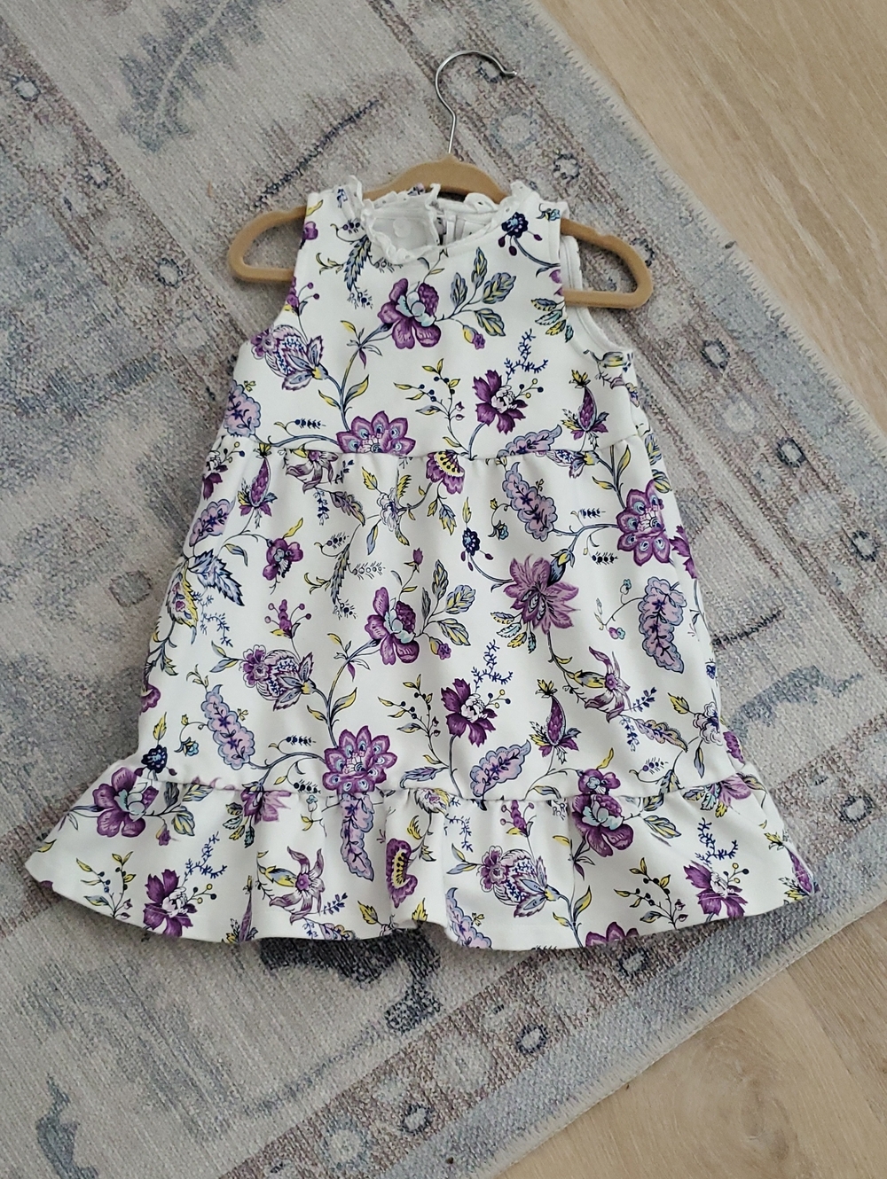 Janie And Jack Girls Floral Ponte Dress Purple White Bow Eyelet Ruffe Sz5